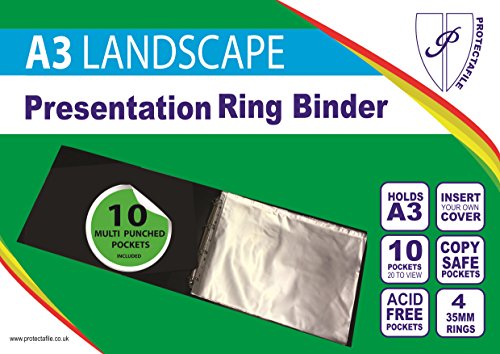 A3 Deluxe Landscape 4-D Ring Binder Folder File Art Black Presentation Portfolio + 5 Sleeves