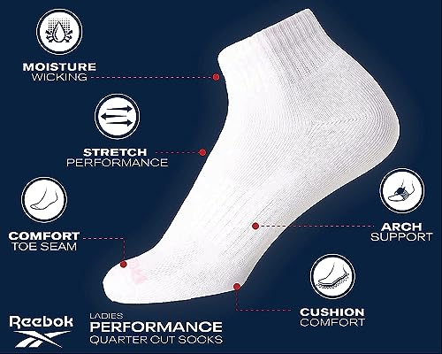 Image of Reebok Womens Quarter Socks Moisture Wicking Cushioned Ankle Socks, 6 Pack | Stretch Performance Fabric, Cushioned Heel & Toe, Secure Arch Support, Quarter Cut, Shoe Size 4-10