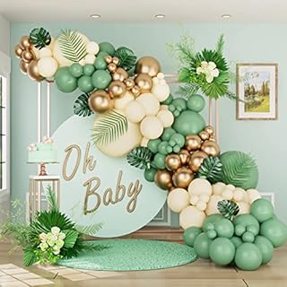 Sage Green Balloon Arch Kit, Olive Green Balloon Garland Kit, Green and Gold Balloons for Birthday Party, Baby Shower Decorations, Wedding, Bridal Shower, Jungle Safari Theme Party Decoration