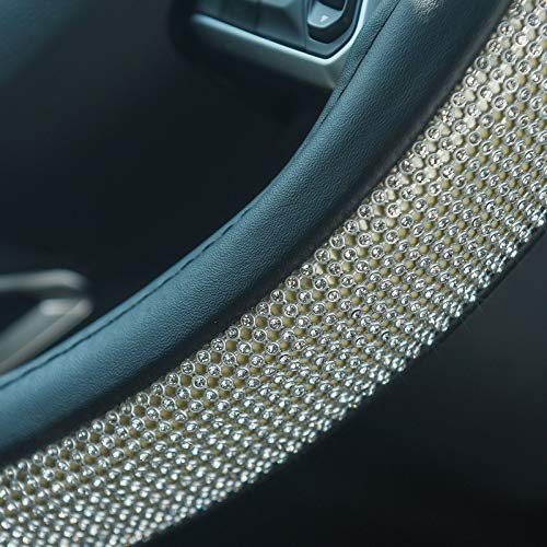 ChuLian D Sharp Diamond Leather Steering Wheel Cover with Bling Bling Crystal Rhinestones, Universal Fit 15 Inch Car Wheel Protector for Women Girls,Black