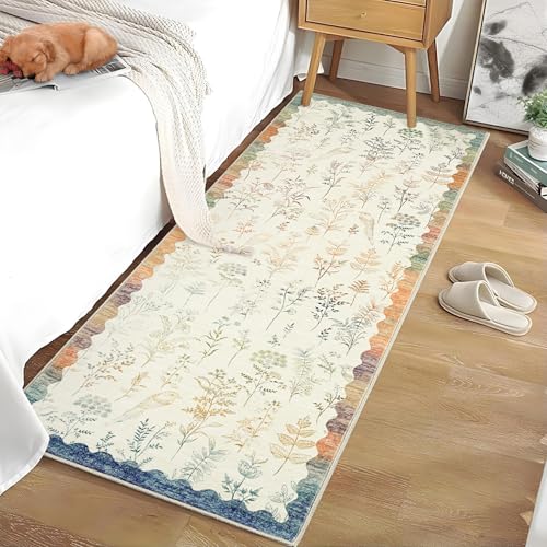 GarveeHome Washable 2x6 Runner Rugs for Bathroom Floral Kitchen Rug Neutral Scalloped Carpet, Non-Slip Hallway Rug Stain Resistant Modern Low-Pile Carpet for Laundry Bedside Entryway(2x6ft)