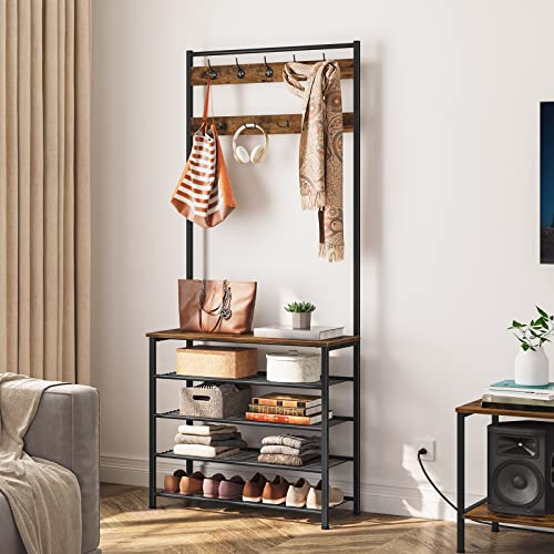 HOOBRO-Hall-Tree-Coat-Rack-with-Shoe-Rack-Hall-Tree-with-Bench-5-Tier-Shoe-Storage-Organizer-with-9-Hooks-for-Entryway-Closet-Sturdy-Industrial-Rustic-Brown-and-Black-BF80MT01G2