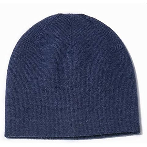 SILVERFEVER Cashmere Beanie for Women, Cable Knit Hat, with Lapel - Blue - One Size Cover