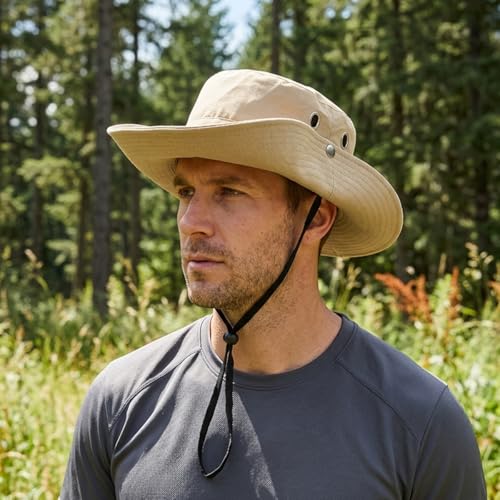 Image of GUSTAVE UV Sun Protection Hat with 2 in 1 Face Cover Neck Gaiter, Wide Brim Round Cap with Ice Silk Nylon Breathable Mesh Mask, UV Protection Fishing Hiking Cycling Outdoor Cap Set Light Khaki