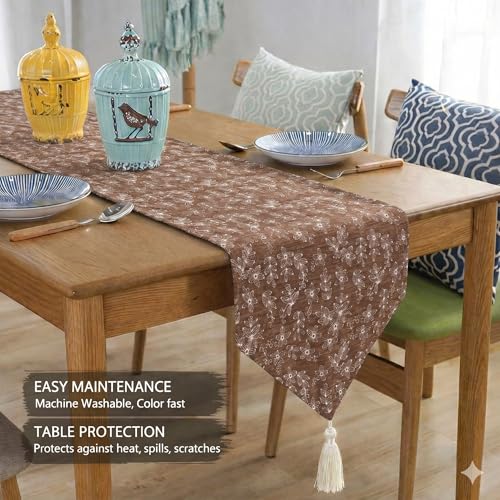Image of STITCHNEST Woven Table Runner 13x60 Inches | Beige Floral Design | Tassel Finish | Modern Dining Table Decor