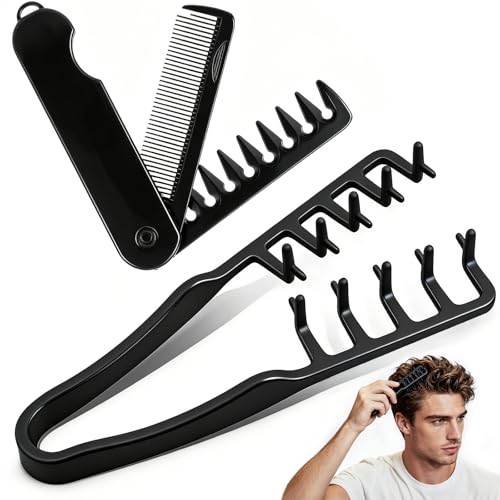2 Packs Texture Comb & Wide Tooth Comb for Men Anti-Frizz Volumizing Hair Styling Tool Root Lifter for Fine Hair Unbreakable Barber Set for Quiff Pompadour Slick Back Fauxhawk Undercut