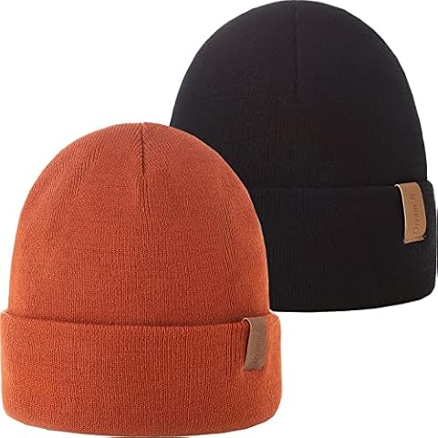AHAHA Pack of 2 Women's Beanie Knitted Hat Women's Winter Hats for Women Warm Unisex Cuffed Beanie Hats, Black+Dark Orange, One Size Fits All Cover