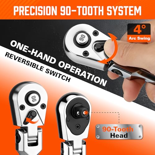 Image of 10-Piece Flex-Head Ratchet Set, 1 /4 inch, 3 /8 inch & 1 /2 inch Drive Socket Wrenches, 90-Tooth Quick-Release Reversible Low-Profile, Extension Bars (4 inch, 10 inch, 6 inch) & 4 Adapters for Automotive, Bike, and Home Repair