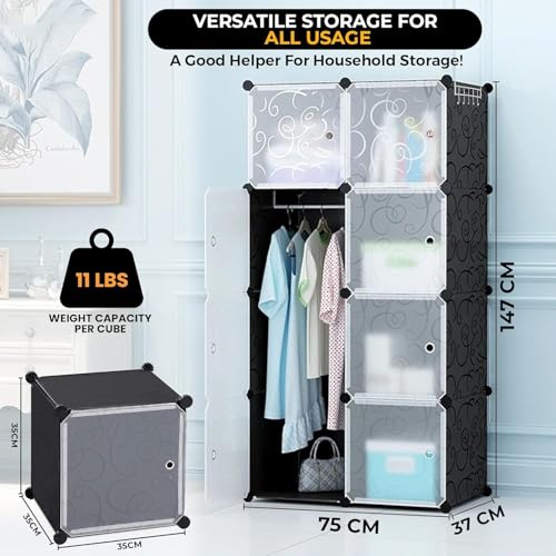 Image of Sunderlook Plastic Wardrobe for Kids Clothes - Professional Collapsible Wardrobe, Easy to Use Foldable Almirah, Plastic Cupboard for Kids for Home (Black-N5, 8 Door)