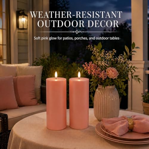Image of Pink Outdoor Flameless Pillar Candles 8 x 3 Inch, Set of 2 Waterproof Battery Operated Candles with 6 Hour Timer for Patio Porch Decor, Table Centerpiece, Room Decor