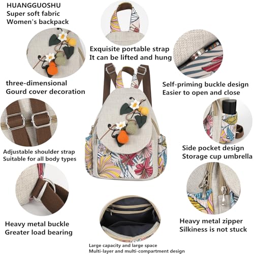 Image of Small Canvas Backpack, Retro Boho Washed Hippie for Women Daily Commute (Gourd Decorations)