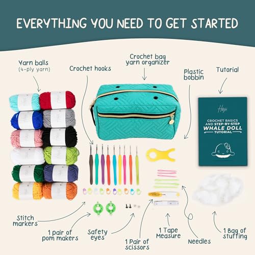 Hikiyose Crochet Kit for Beginners Adults - Crochet Accessories with 12 Soft Crochet Yarn Set, 9 Hooks, Storage Bag, Blue Whale Video Tutorial - Easy Crochet Kit for Beginners Kids, Hobbies for Women - Thumbnail 2