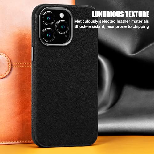 Image of Genuine Leather Case for iPhone 14 Pro Compatible with Magsafe Black | Non-Slip Pebbled Genuine Leather, Slim Fit, Super Magnetic, Compatible with Wireless Charging, Metal Buttons, Camera Bezel
