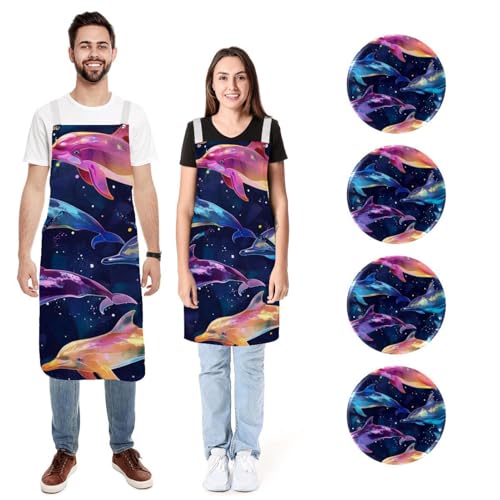 Tabliers de cuisine colorés Dauphin pour cuisiner en famille avec 2 poches