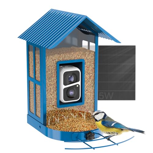 Bird Feeder with Camera with AI Identify Species Wild Bird Watching 2K Live View Instant Arrival Alerts with 5W Solar Powered-Soliom BF08 Metal Blue