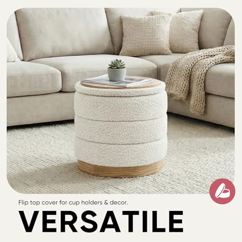 Image of Round Storage Ottoman with Tray, Chenille Folding Foot Rest Coffee tabele for Living Room Bedroom Dorm,Wood Grain Leather