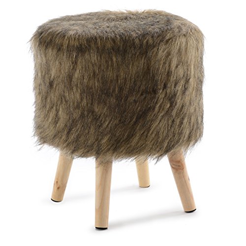 Cheer Collection 13 Round Ottoman | Super Soft Decorative Brown Mink Faux Fur Foot Stool with Wood Legs