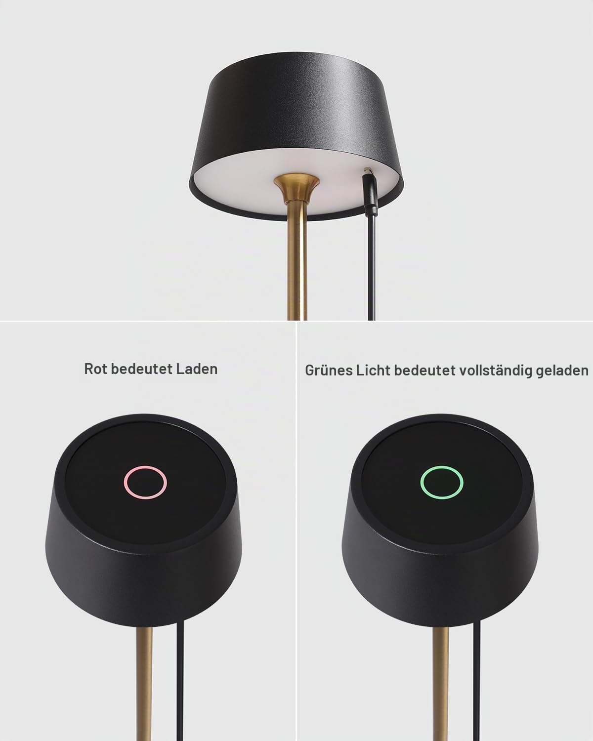 DAWALIGHT Dimmbare Tischlampe Kabellos 4000mAh Tischleuchte LED Akku mit Touch Schalter 2700K Warmweiß Modern Wiederaufladbar Metall Lampe Tisch für Wohnzimmer Schlafzimmer Innen, Schwarz und gold