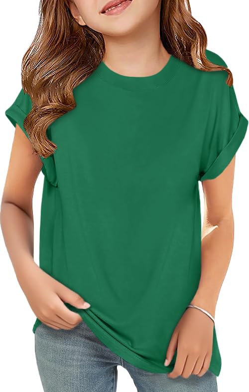 ZDC Girls Short Sleeve T Shirts Kids Crewneck Curve Hem Soft Tunic Tops Summer Tees 5-14 Years Green