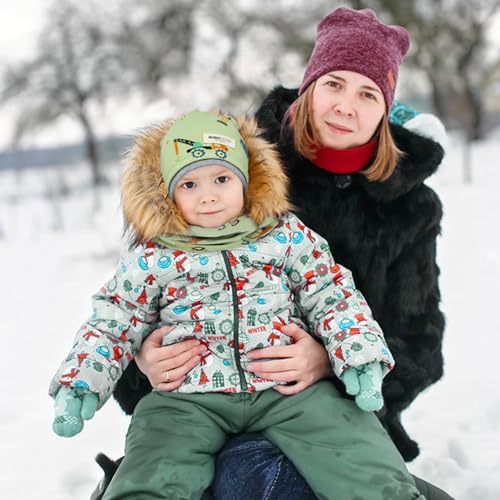 beifon Kinder Beanie Mütze & Loop Schal Set, 95% Baumwolle Mütze Schal Set Mädchen Jungen 2-8 Jahren, Schlauchschal Warme Wintermütze Strickmützen für Herbst Winter Frühling(Grün)