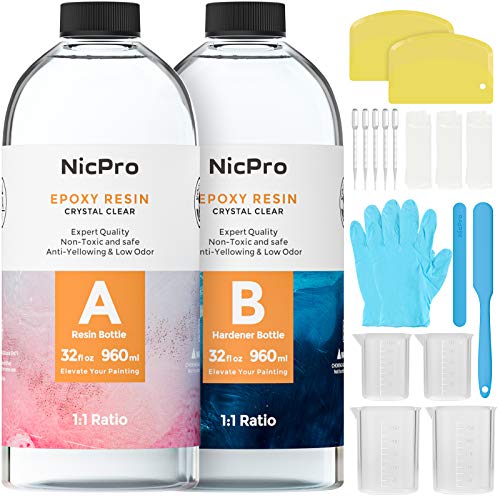 Nicpro Epoxy Resin Kit 64 oz/ 1920ml, Crystal Clear Resins and Hardener High Gloss & Bubbles Free Resin Supplies with Cups