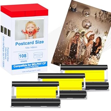 Conjunto de tinta e papel colorido KP-108IN compatível com impressora fotográfica compacta sem fio SELPHY CP1300 CP1500 CP1200 (10 x 15 cm 108 folhas de papel + 3 cartuchos de tinta coloridos)