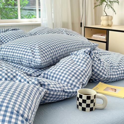 Image of LifeTB Blue Gingham Comforter Set King 3 Pieces Modern Plaid Checkered Pattern Comforter Gingham Bedding Set Fluffy Soft Grid Plaid Bedding Comforter Farmhouse Checkered Comforter Set King Size