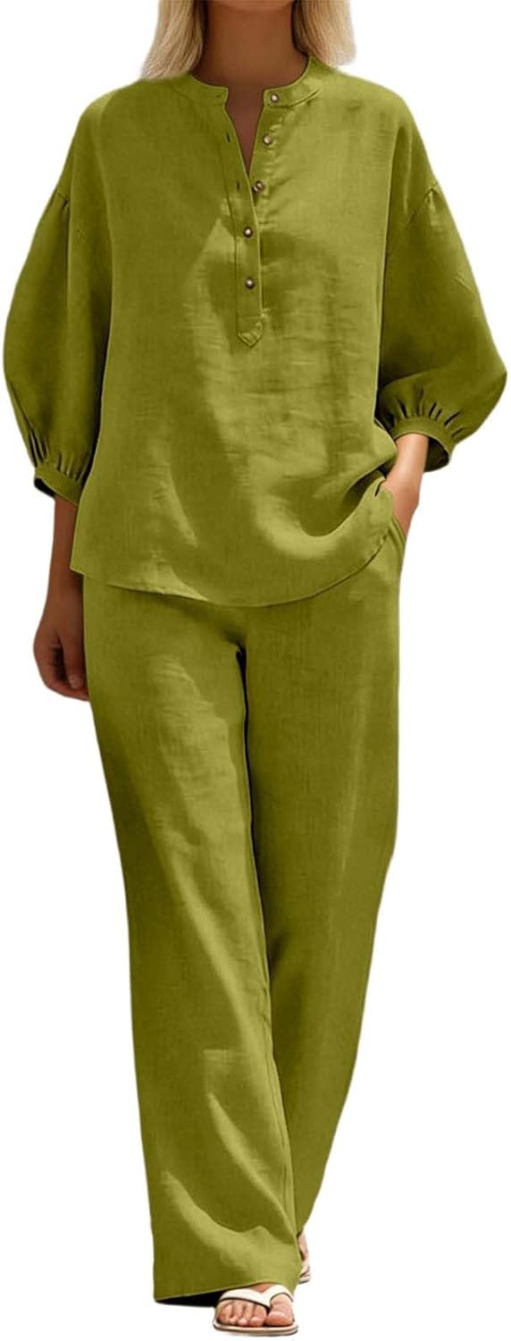 Women Linen Sets 2 Piece Outfits Summer Batwing Sleeve V Neck Button Shirts And Wide Leg Pants Set Casual Outfit