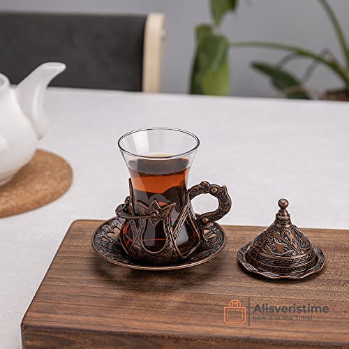 Alisveristime Handmade Turkish Tea Water Zamzam Serving Set Glasses Saucer, Tray And Spoon (Copper) #TOP1