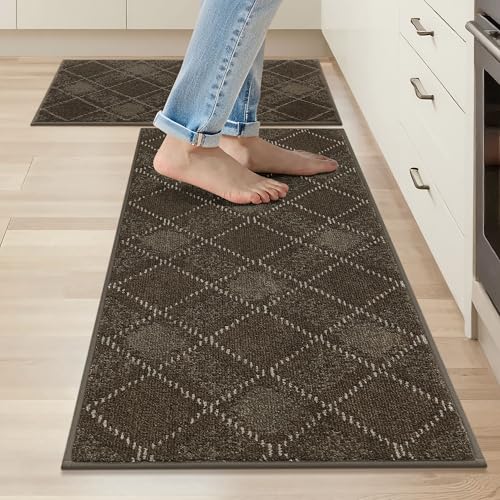 COSY HOMEER Kitchen Rugs and Mats Sets 2PCS Non-Slip Soft Kitchen Mats for Floor Absorbent and Stain Resistant Kitchen Floor Mat Washable Plaid Rugs for Kitchen,20"x32"+20"x48",Brown