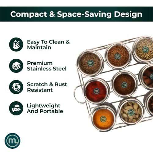 Image of Mishaa Steel Multipurpose Storage Containers - Perfect Organizer for Masala Spices, Herbs, Mouth Freshner, Dry Fruits, 130ml Each Airtight Containers with See-Through Lid (9IN1 SQUARE WIRESTAND)