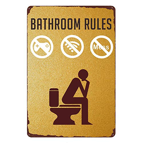 Denim Meow Bathroom Rules Vintage Metal Sign Funny Wall Decor, Restroom Tin Sign, No Game No Wifi Poster No Mess Toilet Plaque 12 x 8 inces