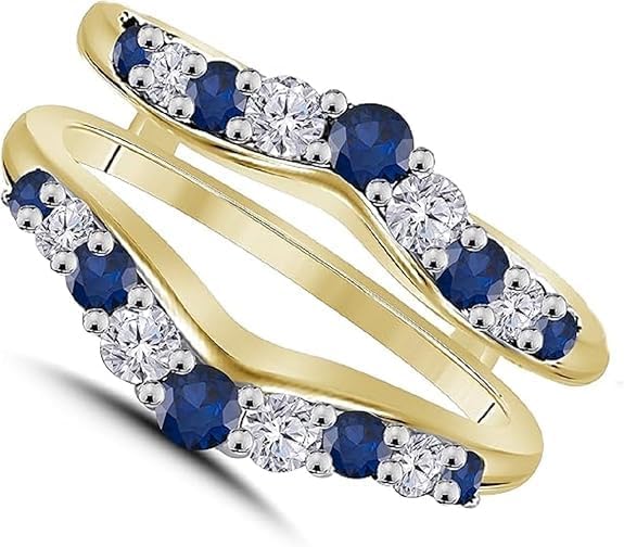 Drizzle Jewels 14K Yellow Gold Round Cut Blue Sapphire, Diamond Double Row Wedding Ring Guard Enhancer, Women