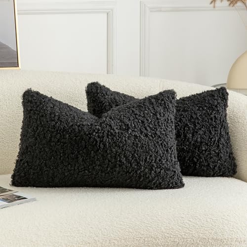Image of Pack of 2 Curly Teddy Wool Faux Fur Throw Pillow Covers Fuzzy Accent Soft Sherpa Pillowcases Sheepskin Fleece Decorative Cushion Case for Sofa Couch Living Room 12x20 Inch Black