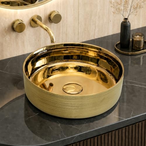 Image of Plantex Ceramic Washbasin /Tabletop Wash Basin /Countertop Vessel Sink for Bathroom /Livingroom Decor - Indo-European Collection (Gold -14.4 x 14.4 x 5 Inch)