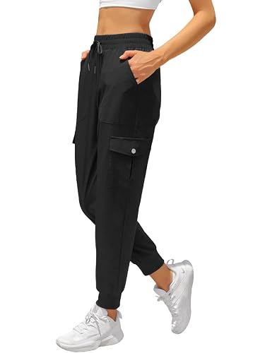 JEKAOYI Womens Cargo Pants High Waisted Hiking Bottom with Drawstring Black