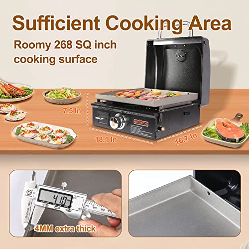 Qulimetal Portable Griddle Flat Top Grill 17 Inch Table Top Grill With Hood Gas Grill Propane Grill With Carry Bag Outdoor Griddle Camping Griddle 15,000 Btu Burner 268 Sq 304 Stainless Steel For Party Tailgating Black #TOP1