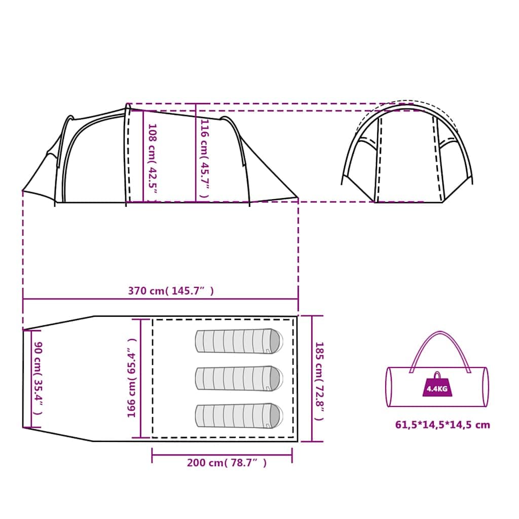 Tente de Camping Tunnel Personnes Polyester 185T avec Tissu occultant Blanc, Double-Toit Amovible, E-Port pour rallonge, Ventilation optimale, Sac de Transport Inclus