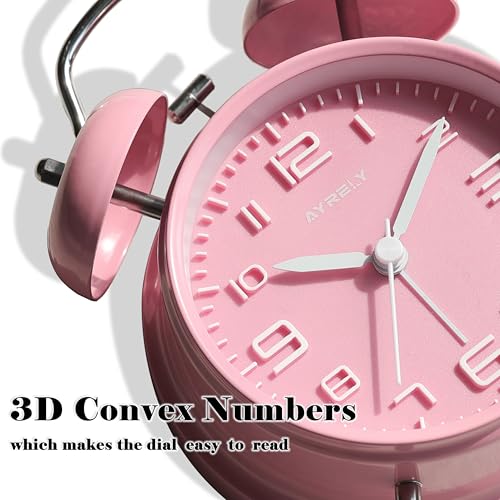 Image of AYRELY Super Loud Alarm Clock for Heavy Sleepers Adults,Twin Bell Retro 4 Inch Silent Non-Ticking Quartz with Backlight, Metal dial, Alarm Clocks for Bedrooms Bedside(3D Dial - Pink)