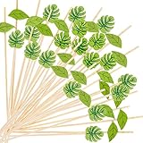 200PCS Disposable Green Leaf Cocktail Picks Plam Leaf Handmade Toothpicks Bamboo Skewers for Appetizer Fruit Sandwiches, 4.7 Inch Food Picks Toothpicks for Summer Hawaiian Party Luau Beach Holiday