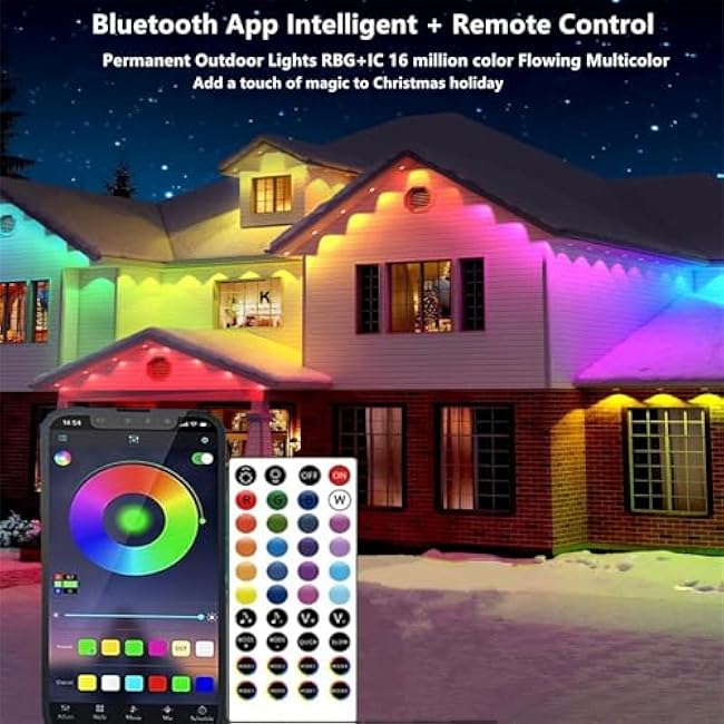 Permanent Outdoor Lights,200ft RGB + IC Smart LED Eaves Lights with App & Remote Control, IP67 Waterproof,for Christmas and All Holiday Decor,Daily and Accent Lighting,House Roof and Garden Lighting
