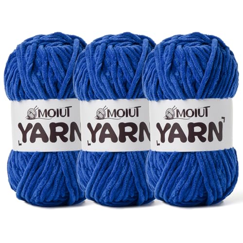 Image of 3 Pack Fluffy Chenille Yarn for Crocheting, Chunky Velvet Yarn for Crochet Amigurumi, Baby Yarn for Crocheting Soft Blanket, 262.4yds /10.5 oz Bulky Yarns for Crafts /Hats /Shoes /Socks (3 Sapphire Blue)