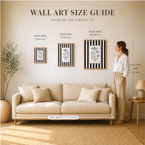 Image of Vintage Black White Wall Art Frames for Living Room Bedroom - Minimalist Botanical & Bird Stripe Wall Painting Set | Modern Aesthetic Monochrome Home Wall Decor with Wooden Frame (Art 11, 10x13 Inches)