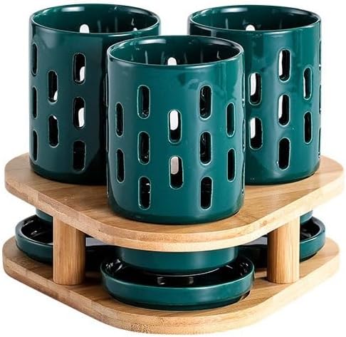kitchen utensil holder 3 Pieces Ceramic Utensil Caddy with Bamboo Base, Creative Triangle Kitchen Silverware Caddy for Countertop, Cutlery Storage Organizer Drain Rack Cooking Utensil Holder(White-002