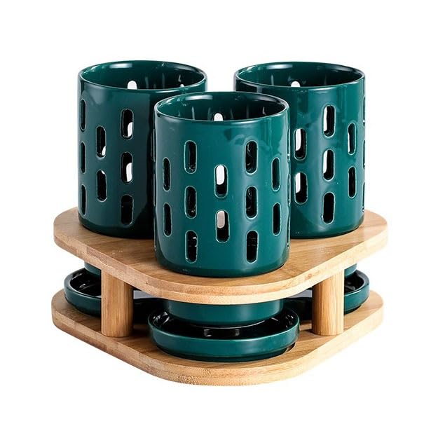 Besteckhalter für Utensilien 3-teiliger Keramik-Utensilienbehälter mit Bambusbasis, kreativer dreieckiger Küchen-Besteckbehälter for die Arbeitsplatte, Besteckaufbewahrung, Organizer, Abflussregal Ute