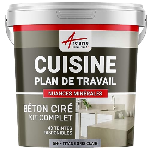 Béton ciré cuisine, plan de travail, crédence, évier, sol et mur, revêtement mural décoratif, kit complet - 5 m² (en 2 couches) Titane Gris Clair - ARCANE INDUSTRIES