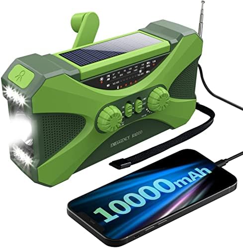 【10000mAh】 Emergency Radio Hand Crank Solar, NOAA Weather Radio Multiple Power Sources,Flashlight, Reading Lamp,Cell Phone Charger, SOS Alarm, Portable AM/FM/WB Radio with Headphone Jack (Green)