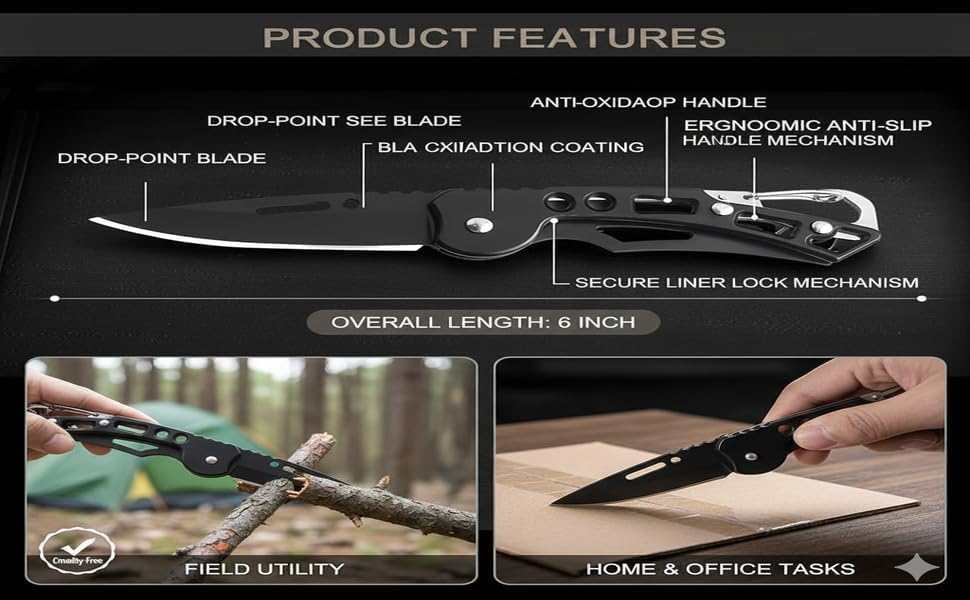 Image of Foldable Utility Tool with Stainless Steel Blade | Compact Pocket Cutter for Opening Packages, Rope Cutting & Household Use | Lightweight with Safety Lock (Black, Pack of 1)