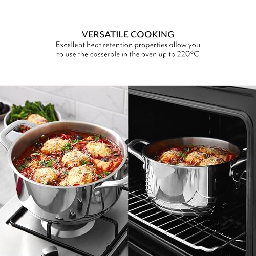SLT900228 Sur La Table 24cm Casserole with Lid, Riveted Steel Handles, Induction Compatible, Stainless Steel