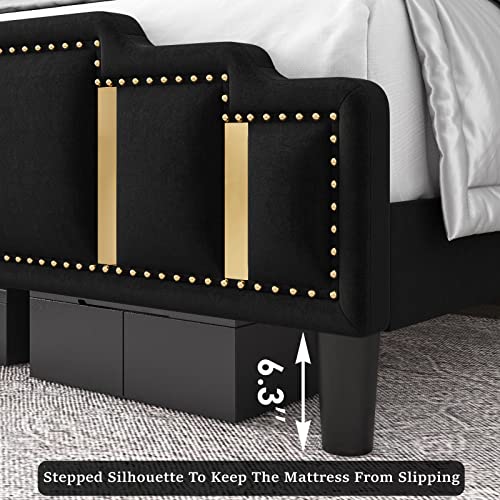 Hifit King Size Modern Velvet Upholstered Bed Frame With Adjustable Headboard, Studded With Golden Iron Slice & Rivets, Platform Bed Frame With No Noise, No Box Spring Needed, Easy Assembly, Black #TOP3